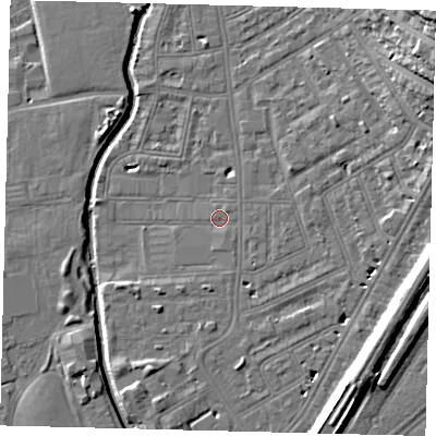 Shaded relief map of the ground around SW184LZ, computed from Environment Agency LiDAR. The ground here sits at about 8 m above sea level and falls 17 m across the surrounding 800 m. Surface water reaching this point runs off ground lying to the south, 1.5 m higher.