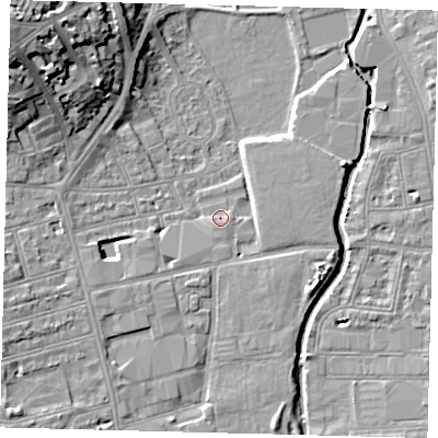Shaded relief map of the ground around SW184NJ, computed from Environment Agency LiDAR. The ground here sits at about 7 m above sea level and falls 19 m across the surrounding 800 m. Surface water reaching this point runs off ground lying to the south, 0.9 m higher.