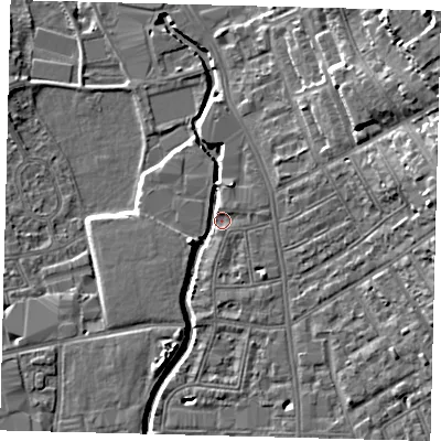 Shaded relief map of the ground around SW184NL, computed from Environment Agency LiDAR. The ground here sits at about 7 m above sea level and falls 17 m across the surrounding 800 m. Surface water reaching this point runs off ground lying to the north-north-east, 3.5 m higher.