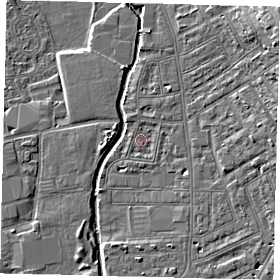 Shaded relief map of the ground around SW184NN, computed from Environment Agency LiDAR. The ground here sits at about 7 m above sea level and falls 14 m across the surrounding 800 m. Surface water reaching this point runs off ground lying to the south-south-east, 0.8 m higher.