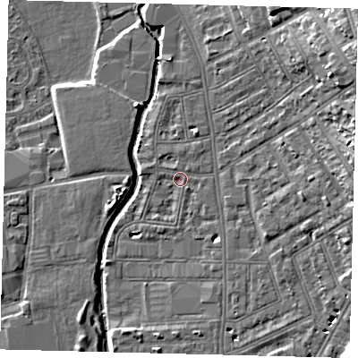 Shaded relief map of the ground around SW184NP, computed from Environment Agency LiDAR. The ground here sits at about 7 m above sea level and falls 16 m across the surrounding 800 m. Surface water reaching this point runs off ground lying to the west-south-west, 0.9 m higher.