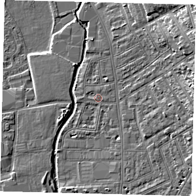 Shaded relief map of the ground around SW184NR, computed from Environment Agency LiDAR. The ground here sits at about 8 m above sea level and falls 16 m across the surrounding 800 m. Surface water reaching this point runs off ground lying to the south-south-east, 0.7 m higher.