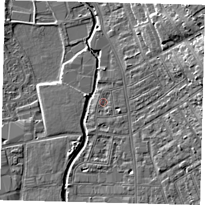 Shaded relief map of the ground around SW184NS, computed from Environment Agency LiDAR. The ground here sits at about 7 m above sea level and falls 16 m across the surrounding 800 m. Surface water reaching this point runs off ground lying to the east-north-east, 12.7 m higher.