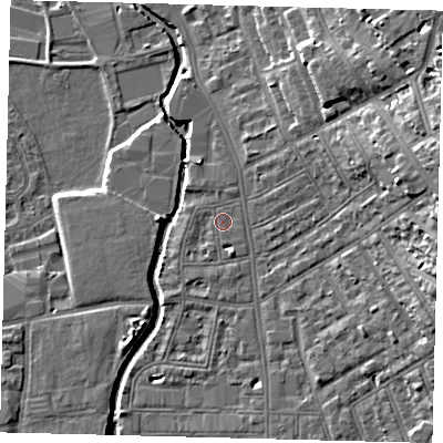 Shaded relief map of the ground around SW184NT, computed from Environment Agency LiDAR. The ground here sits at about 8 m above sea level and falls 18 m across the surrounding 800 m. Surface water reaching this point runs off ground lying to the north-east, 14.7 m higher.