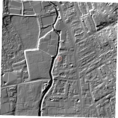 Shaded relief map of the ground around SW184NU, computed from Environment Agency LiDAR. The ground here sits at about 7 m above sea level and falls 16 m across the surrounding 800 m. Surface water reaching this point runs off ground lying to the north-east, 12.3 m higher.
