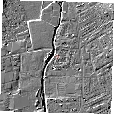 Shaded relief map of the ground around SW184NW, computed from Environment Agency LiDAR. The ground here sits at about 7 m above sea level and falls 13 m across the surrounding 800 m. Surface water reaching this point runs off ground lying to the north-east, 12.4 m higher.