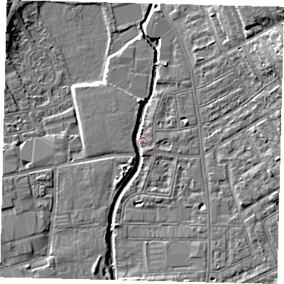 Shaded relief map of the ground around SW184NX, computed from Environment Agency LiDAR. The ground here sits at about 8 m above sea level and falls 13 m across the surrounding 800 m. Surface water reaching this point runs off ground lying to the north-east, 12.4 m higher.