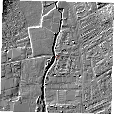 Shaded relief map of the ground around SW184NY, computed from Environment Agency LiDAR. The ground here sits at about 8 m above sea level and falls 13 m across the surrounding 800 m. Surface water reaching this point runs off ground lying to the north-east, 12.2 m higher.