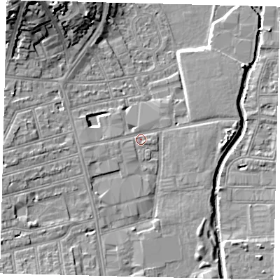 Shaded relief map of the ground around SW184NZ, computed from Environment Agency LiDAR. The ground here sits at about 8 m above sea level and falls 18 m across the surrounding 800 m. Surface water reaching this point runs off ground lying to the west, 1.8 m higher.