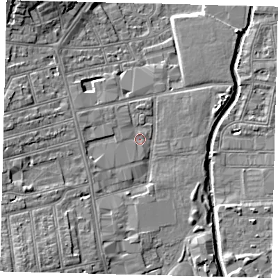 Shaded relief map of the ground around SW184PB, computed from Environment Agency LiDAR. The ground here sits at about 8 m above sea level and falls 11 m across the surrounding 800 m. Surface water reaching this point runs off ground lying to the west-north-west, 1.9 m higher.