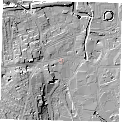 Shaded relief map of the ground around SW184PD, computed from Environment Agency LiDAR. The ground here sits at about 6 m above sea level and falls 44 m across the surrounding 800 m. Surface water reaching this point runs off ground lying to the south-west, 14.8 m higher.