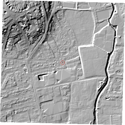 Shaded relief map of the ground around SW184PN, computed from Environment Agency LiDAR. The ground here sits at about 7 m above sea level and falls 20 m across the surrounding 800 m. Surface water reaching this point runs off ground lying to the west-south-west, 6.6 m higher.