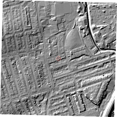 Shaded relief map of the ground around SW184PT, computed from Environment Agency LiDAR. The ground here sits at about 9 m above sea level and falls 11 m across the surrounding 800 m. Surface water reaching this point runs off ground lying to the south-west, 5.1 m higher.