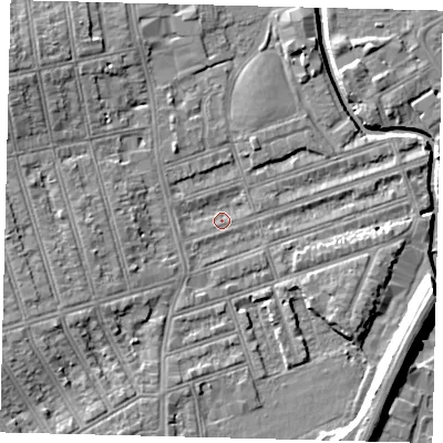 Shaded relief map of the ground around SW184PU, computed from Environment Agency LiDAR. The ground here sits at about 9 m above sea level and falls 11 m across the surrounding 800 m. Surface water reaching this point runs off ground lying to the west-south-west, 1.8 m higher.