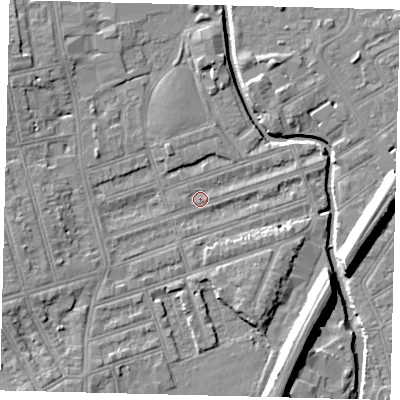 Shaded relief map of the ground around SW184PX, computed from Environment Agency LiDAR. The ground here sits at about 9 m above sea level and falls 11 m across the surrounding 800 m. Surface water reaching this point runs off ground lying to the west-south-west, 5.5 m higher.