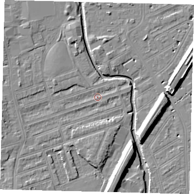 Shaded relief map of the ground around SW184PY, computed from Environment Agency LiDAR. The ground here sits at about 8 m above sea level and falls 11 m across the surrounding 800 m. Surface water reaching this point runs off ground lying to the east-north-east, 1.2 m higher.