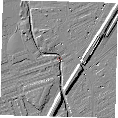 Shaded relief map of the ground around SW184PZ, computed from Environment Agency LiDAR. The ground here sits at about 8 m above sea level and falls 11 m across the surrounding 800 m. Surface water reaching this point runs off ground lying to the south-south-east, 10.0 m higher.