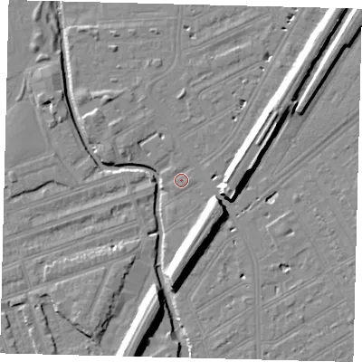 Shaded relief map of the ground around SW184QA, computed from Environment Agency LiDAR. The ground here sits at about 9 m above sea level and falls 11 m across the surrounding 800 m. Surface water reaching this point runs off ground lying to the north-east, 10.2 m higher.