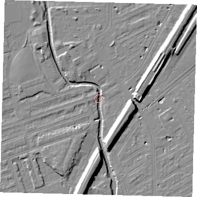 Shaded relief map of the ground around SW184QB, computed from Environment Agency LiDAR. The ground here sits at about 6 m above sea level and falls 11 m across the surrounding 800 m. Surface water reaching this point runs off ground lying to the south-south-east, 9.9 m higher.