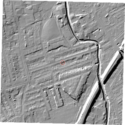 Shaded relief map of the ground around SW184QD, computed from Environment Agency LiDAR. The ground here sits at about 8 m above sea level and falls 11 m across the surrounding 800 m. Surface water reaching this point runs off ground lying to the west-south-west, 5.1 m higher.