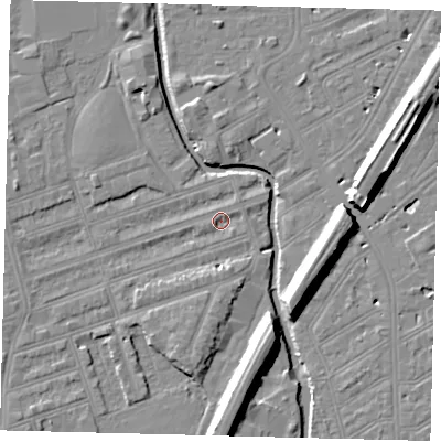 Shaded relief map of the ground around SW184QE, computed from Environment Agency LiDAR. The ground here sits at about 8 m above sea level and falls 11 m across the surrounding 800 m. Surface water reaching this point runs off ground lying to the south-west, 4.1 m higher.