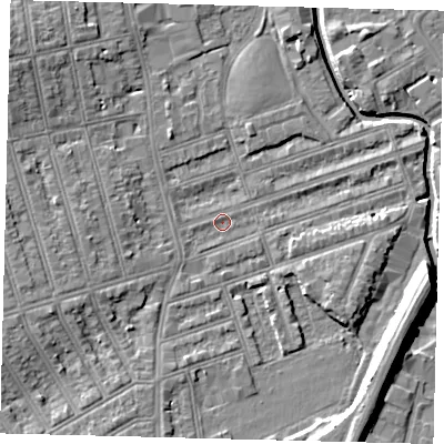 Shaded relief map of the ground around SW184QF, computed from Environment Agency LiDAR. The ground here sits at about 9 m above sea level and falls 11 m across the surrounding 800 m. Surface water reaching this point runs off ground lying to the west-south-west, 5.9 m higher.
