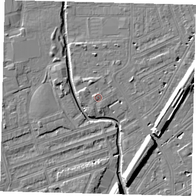 Shaded relief map of the ground around SW184QL, computed from Environment Agency LiDAR. The ground here sits at about 10 m above sea level and falls 11 m across the surrounding 800 m. Surface water reaching this point runs off ground lying to the west-north-west, 1.4 m higher.