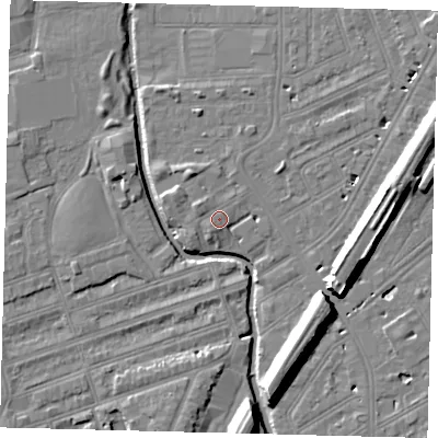 Shaded relief map of the ground around SW184QN, computed from Environment Agency LiDAR. The ground here sits at about 10 m above sea level and falls 11 m across the surrounding 800 m. Surface water reaching this point runs off ground lying to the west-north-west, 1.4 m higher.