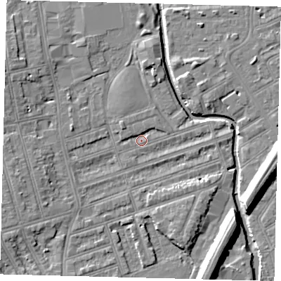 Shaded relief map of the ground around SW184QR, computed from Environment Agency LiDAR. The ground here sits at about 8 m above sea level and falls 11 m across the surrounding 800 m. Surface water reaching this point runs off ground lying to the west-south-west, 4.9 m higher.
