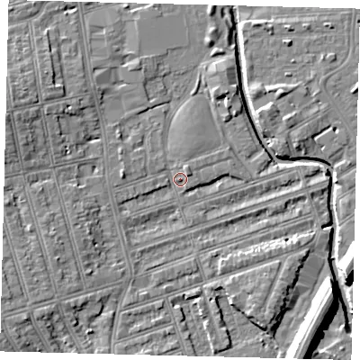 Shaded relief map of the ground around SW184QS, computed from Environment Agency LiDAR. The ground here sits at about 9 m above sea level and falls 11 m across the surrounding 800 m. Surface water reaching this point runs off ground lying to the south-west, 5.1 m higher.
