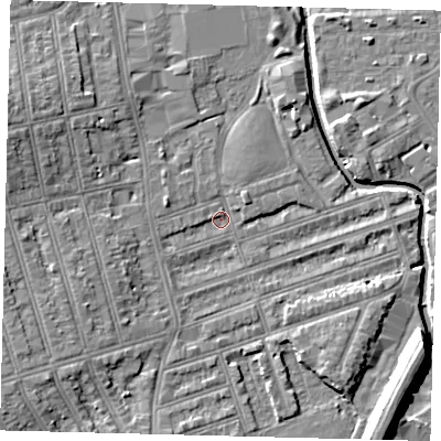 Shaded relief map of the ground around SW184QT, computed from Environment Agency LiDAR. The ground here sits at about 8 m above sea level and falls 11 m across the surrounding 800 m. Surface water reaching this point runs off ground lying to the south-west, 5.1 m higher.