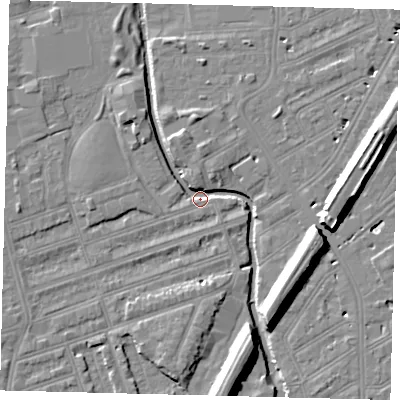 Shaded relief map of the ground around SW184QW, computed from Environment Agency LiDAR. The ground here sits at about 8 m above sea level and falls 11 m across the surrounding 800 m. Surface water reaching this point runs off ground lying to the south-east, 10.1 m higher.