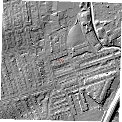Shaded relief map of the ground around SW184QX, computed from Environment Agency LiDAR. The ground here sits at about 9 m above sea level and falls 11 m across the surrounding 800 m. Surface water reaching this point runs off ground lying to the south-west, 5.1 m higher.