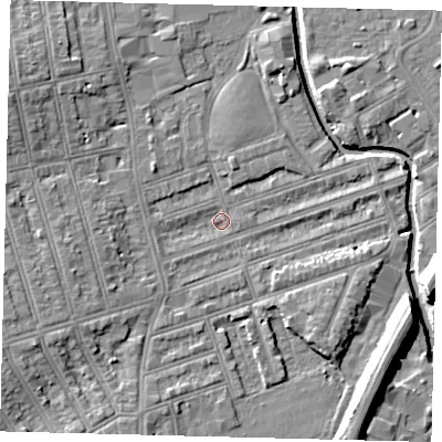 Shaded relief map of the ground around SW184RA, computed from Environment Agency LiDAR. The ground here sits at about 8 m above sea level and falls 11 m across the surrounding 800 m. Surface water reaching this point runs off ground lying to the west-south-west, 1.8 m higher.
