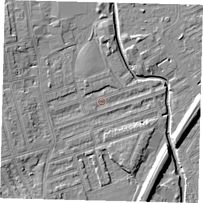 Shaded relief map of the ground around SW184RB, computed from Environment Agency LiDAR. The ground here sits at about 9 m above sea level and falls 11 m across the surrounding 800 m. Surface water reaching this point runs off ground lying to the west-south-west, 4.9 m higher.