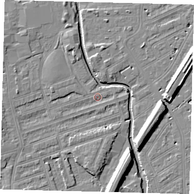 Shaded relief map of the ground around SW184RE, computed from Environment Agency LiDAR. The ground here sits at about 8 m above sea level and falls 11 m across the surrounding 800 m. Surface water reaching this point runs off ground lying to the west-south-west, 3.4 m higher.