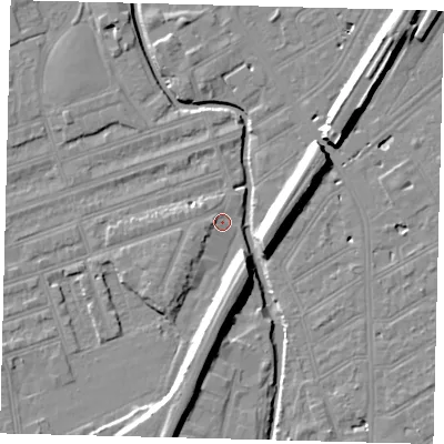 Shaded relief map of the ground around SW184RL, computed from Environment Agency LiDAR. The ground here sits at about 9 m above sea level and falls 11 m across the surrounding 800 m. Surface water reaching this point runs off ground lying to the south-south-west, 8.8 m higher.