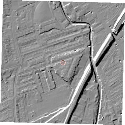 Shaded relief map of the ground around SW184RN, computed from Environment Agency LiDAR. The ground here sits at about 10 m above sea level and falls 11 m across the surrounding 800 m. Surface water reaching this point runs off ground lying to the south-south-east, 1.6 m higher.