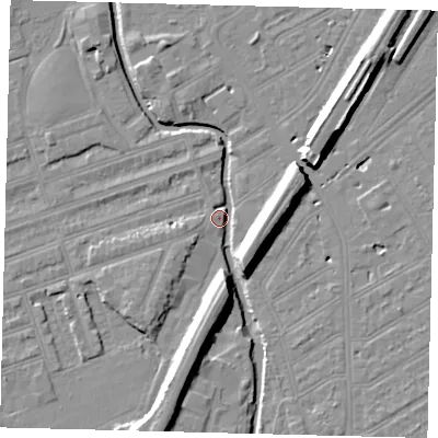 Shaded relief map of the ground around SW184RQ, computed from Environment Agency LiDAR. The ground here sits at about 9 m above sea level and falls 11 m across the surrounding 800 m. Surface water reaching this point runs off ground lying to the south-south-west, 10.1 m higher.