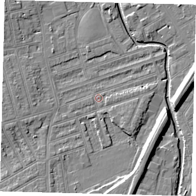 Shaded relief map of the ground around SW184RR, computed from Environment Agency LiDAR. The ground here sits at about 9 m above sea level and falls 11 m across the surrounding 800 m. Surface water reaching this point runs off ground lying to the south-west, 3.3 m higher.