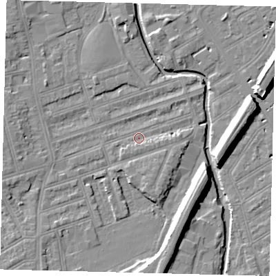 Shaded relief map of the ground around SW184RS, computed from Environment Agency LiDAR. The ground here sits at about 9 m above sea level and falls 11 m across the surrounding 800 m. Surface water reaching this point runs off ground lying to the south-west, 3.3 m higher.