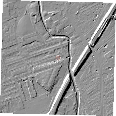 Shaded relief map of the ground around SW184RU, computed from Environment Agency LiDAR. The ground here sits at about 9 m above sea level and falls 11 m across the surrounding 800 m. Surface water reaching this point runs off ground lying to the south-west, 3.4 m higher.