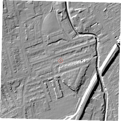 Shaded relief map of the ground around SW184RX, computed from Environment Agency LiDAR. The ground here sits at about 9 m above sea level and falls 11 m across the surrounding 800 m. Surface water reaching this point runs off ground lying to the south-west, 3.3 m higher.