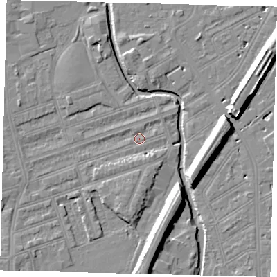 Shaded relief map of the ground around SW184RY, computed from Environment Agency LiDAR. The ground here sits at about 9 m above sea level and falls 11 m across the surrounding 800 m. Surface water reaching this point runs off ground lying to the south-west, 3.4 m higher.