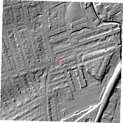 Shaded relief map of the ground around SW184RZ, computed from Environment Agency LiDAR. The ground here sits at about 10 m above sea level and falls 11 m across the surrounding 800 m. Surface water reaching this point runs off ground lying to the west-south-west, 5.3 m higher.