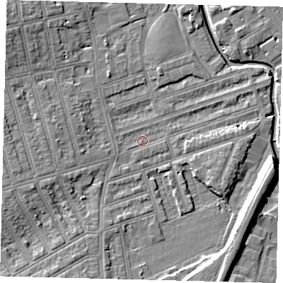 Shaded relief map of the ground around SW184SA, computed from Environment Agency LiDAR. The ground here sits at about 9 m above sea level and falls 11 m across the surrounding 800 m. Surface water reaching this point runs off ground lying to the west-south-west, 5.5 m higher.