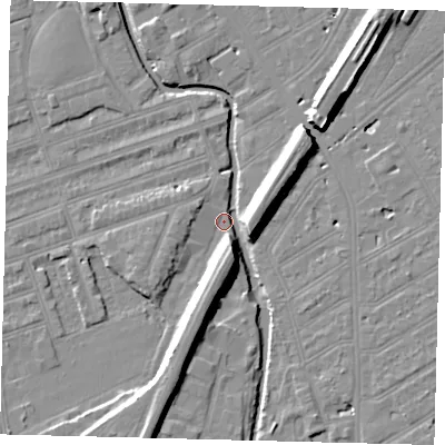 Shaded relief map of the ground around SW184SB, computed from Environment Agency LiDAR. The ground here sits at about 8 m above sea level and falls 11 m across the surrounding 800 m. Surface water reaching this point runs off ground lying to the east-north-east, 9.8 m higher.