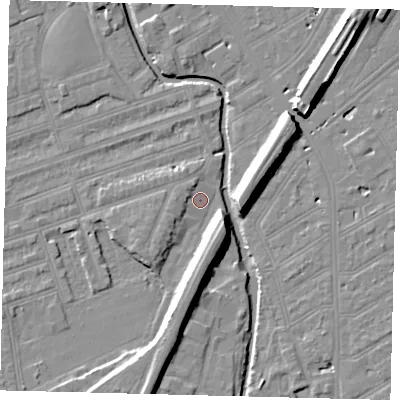 Shaded relief map of the ground around SW184SD, computed from Environment Agency LiDAR. The ground here sits at about 9 m above sea level and falls 11 m across the surrounding 800 m. Surface water reaching this point runs off ground lying to the south-south-west, 8.8 m higher.