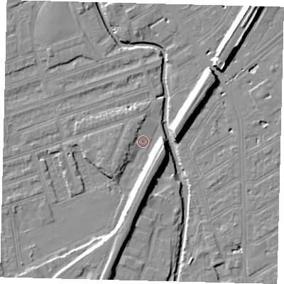 Shaded relief map of the ground around SW184SF, computed from Environment Agency LiDAR. The ground here sits at about 9 m above sea level and falls 11 m across the surrounding 800 m. Surface water reaching this point runs off ground lying to the south-south-west, 8.8 m higher.