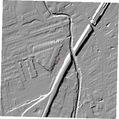 Shaded relief map of the ground around SW184SH, computed from Environment Agency LiDAR. The ground here sits at about 8 m above sea level and falls 11 m across the surrounding 800 m. Surface water reaching this point runs off ground lying to the south, 8.8 m higher.